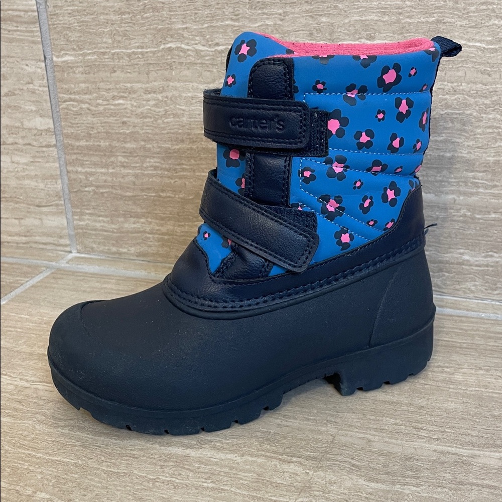 CARTERS Used Sz 1 Snow Boots with Blue & Pink animal print detail